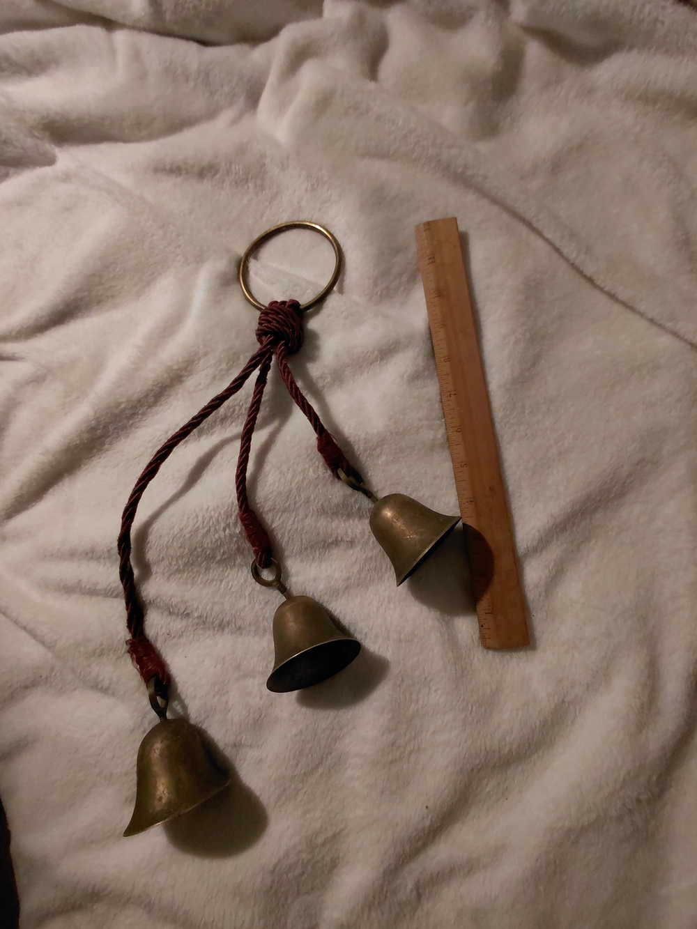 Vintage Brass Shopkeeper Door Bells, Cluster of 3 Hanging Chimes on Red Braided